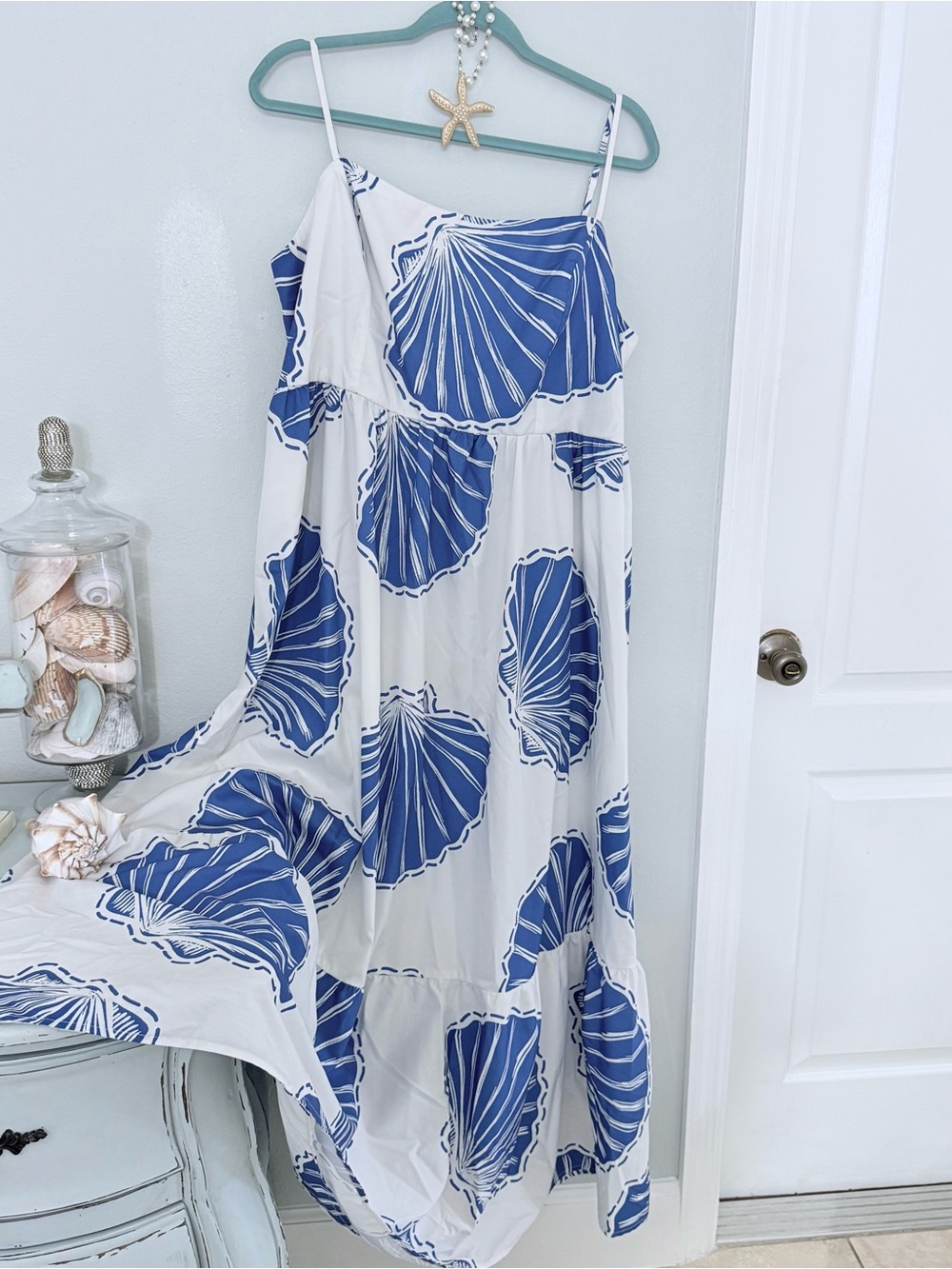 SHEIN 2X True Plus size White Maxi Dress with Blue Shell Print Worm once ! - Picture 11 of 12